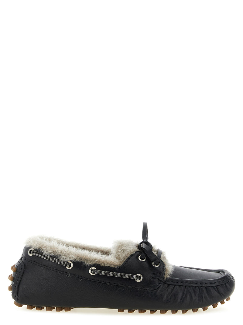 Brunello Cucinelli Black Calfskin Slip-On Loafers for Women