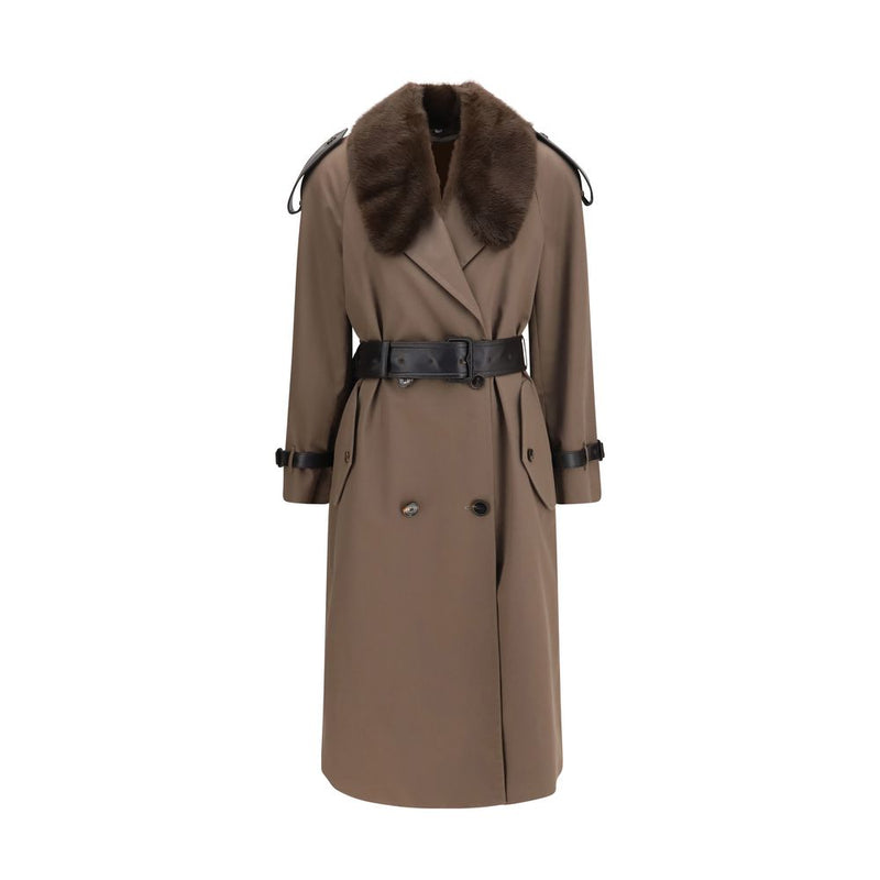 Burberry Brown Cotton Trench Coat with Leather Collar
