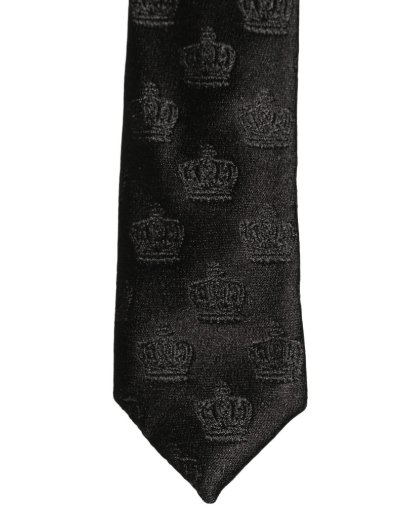 Dolce & Gabbana Men Black Crown Pattern Silk Adjustable Tied Necktie Tie
