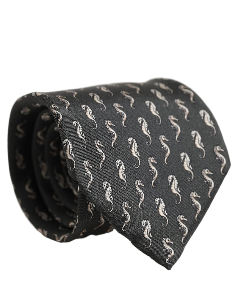Dolce & Gabbana Men Black Seahorse Silk Adjustable Tied Necktie Tie