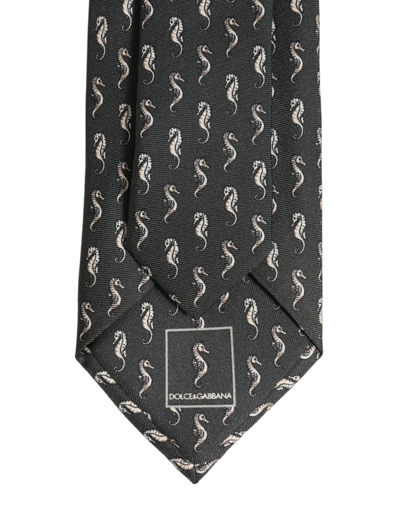 Dolce & Gabbana Men Black Seahorse Silk Adjustable Tied Necktie Tie