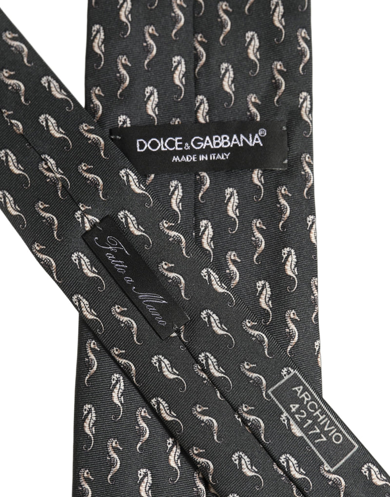 Dolce & Gabbana Men Black Seahorse Silk Adjustable Tied Necktie Tie