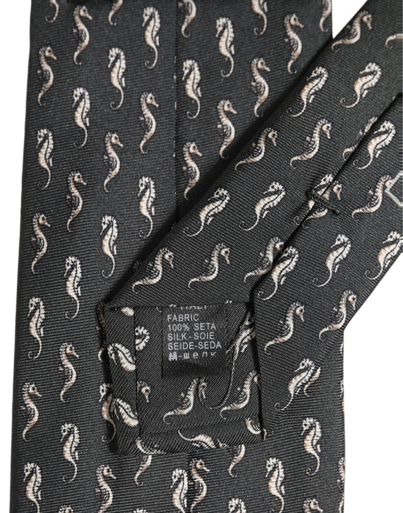 Dolce & Gabbana Men Black Seahorse Silk Adjustable Tied Necktie Tie