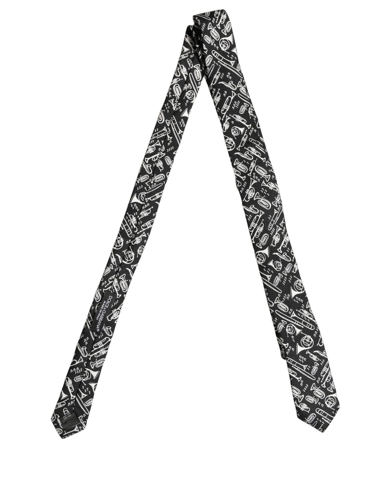 Dolce & Gabbana Black Musical Instrument Silk Adjustable Tied Necktie Tie