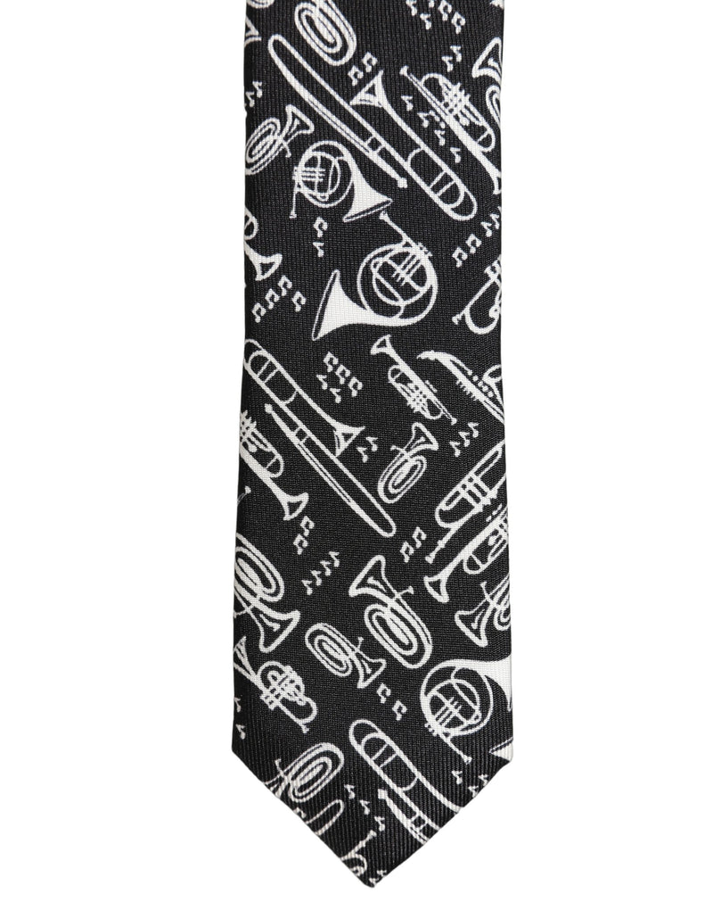 Dolce & Gabbana Black Musical Instrument Silk Adjustable Tied Necktie Tie
