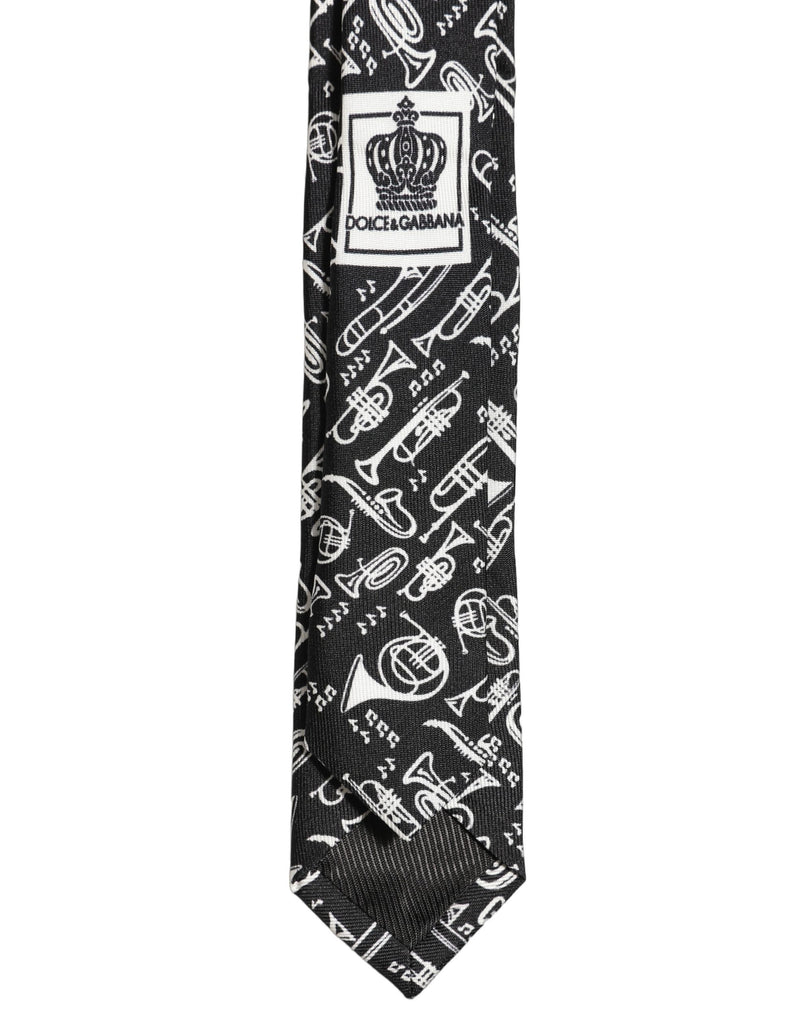 Dolce & Gabbana Black Musical Instrument Silk Adjustable Tied Necktie Tie