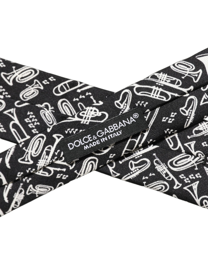 Dolce & Gabbana Black Musical Instrument Silk Adjustable Tied Necktie Tie