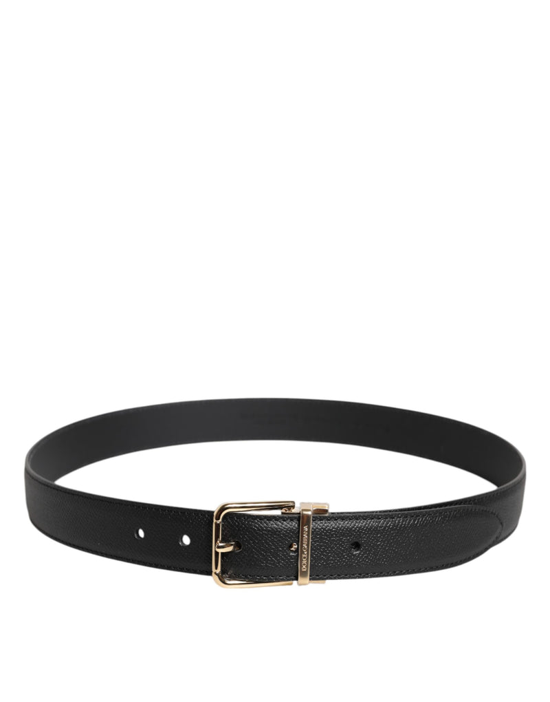 Dolce & Gabbana Black Grained Leather Gold Metal Buckle Belt