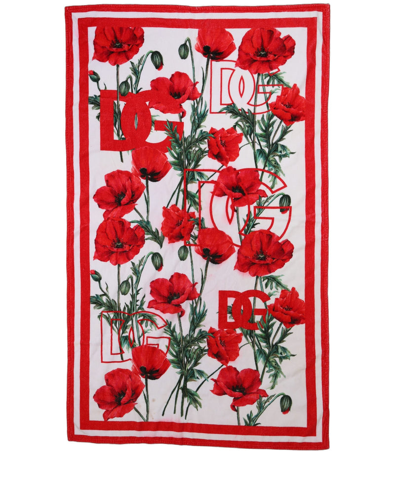 Dolce & Gabbana White Floral Poppy Print DG Logo Beach Towel