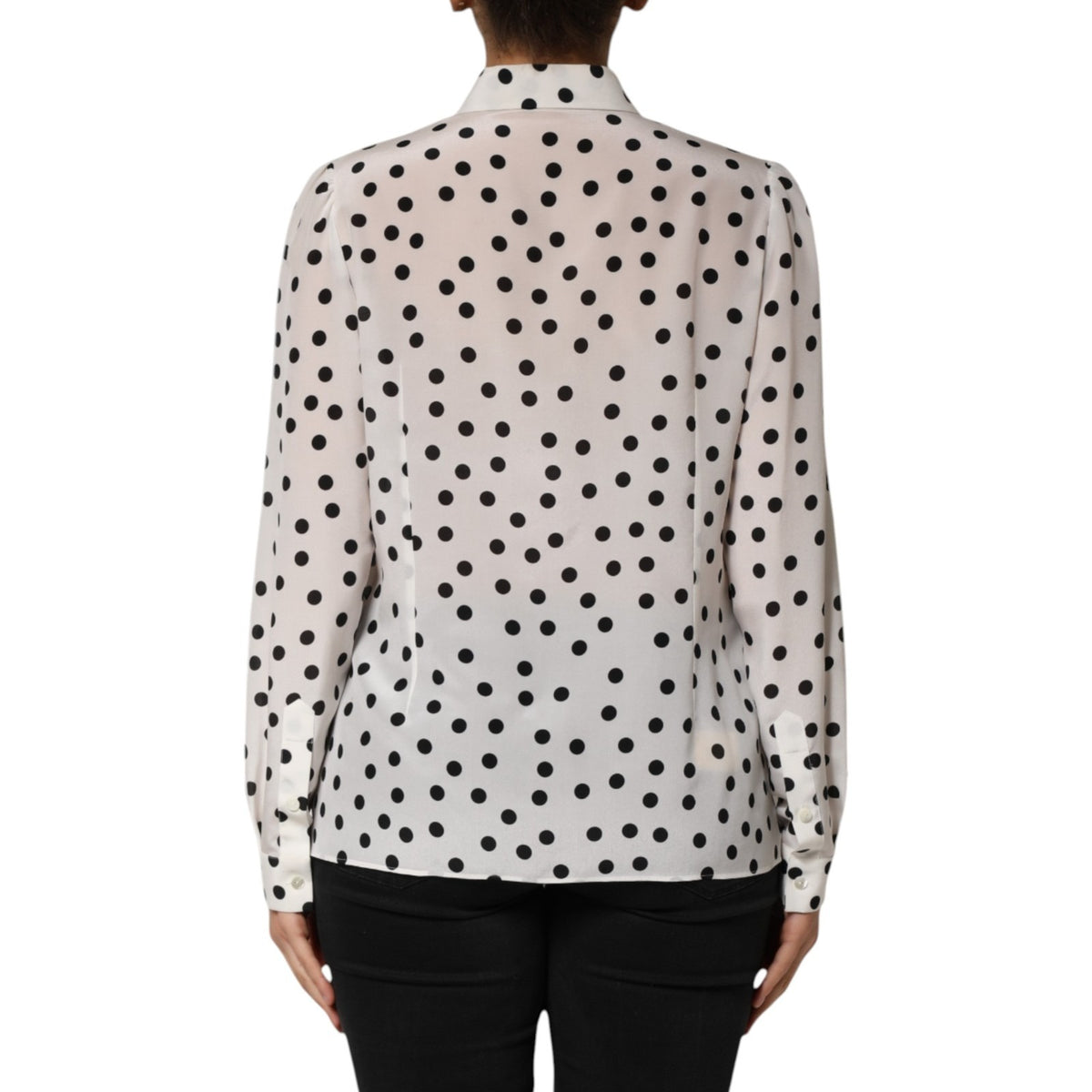Dolce & Gabbana White Black Dotted Silk Long Sleeves Top