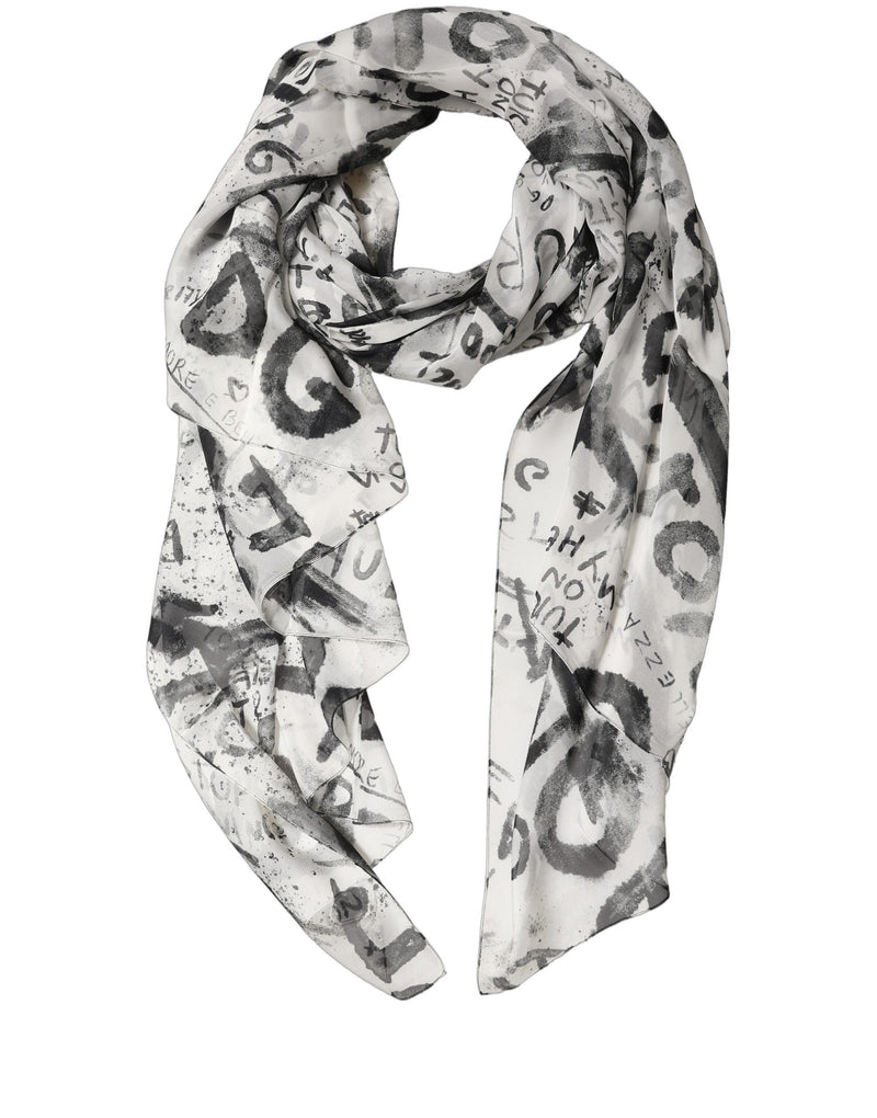 Dolce & Gabbana White Graffiti Logo Silk Shawl Stole Scarf