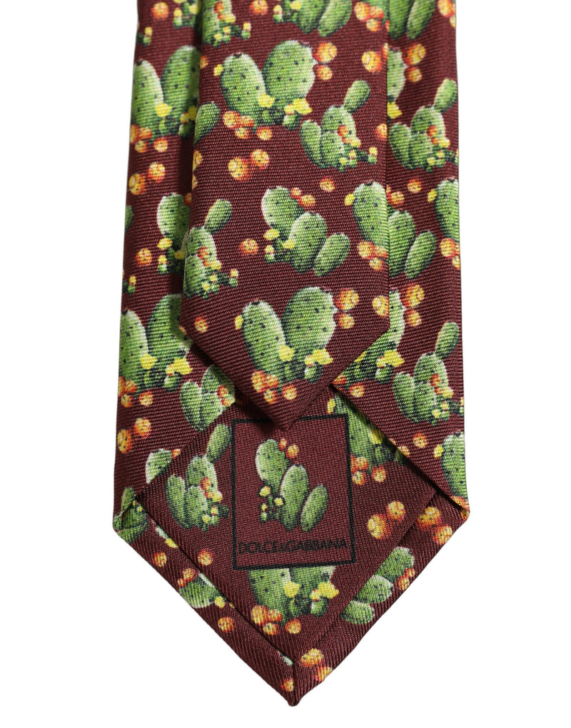 Dolce & Gabbana Maroon Silk Cactus Floral Adjustable Tied Men Necktie Tie