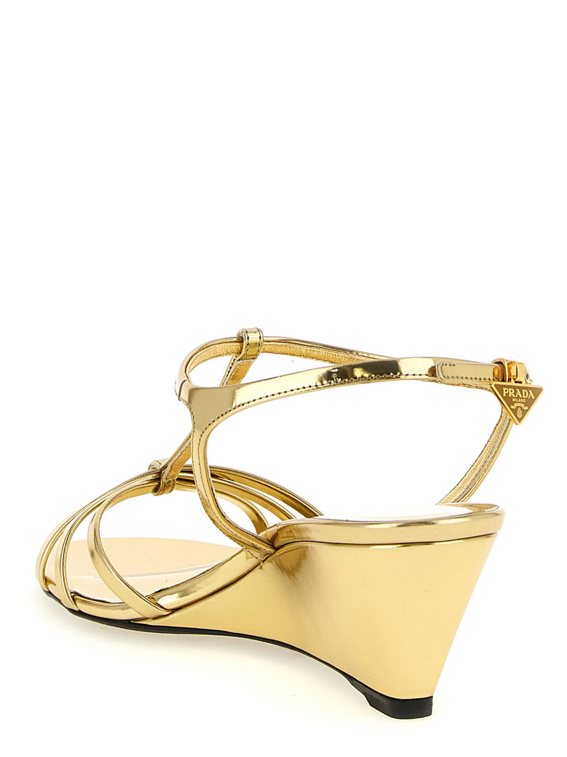 Prada Gold Calfskin Wedge Sandals