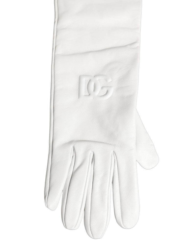 Dolce & Gabbana White Genuine Leather Embossed DG Logo Gloves