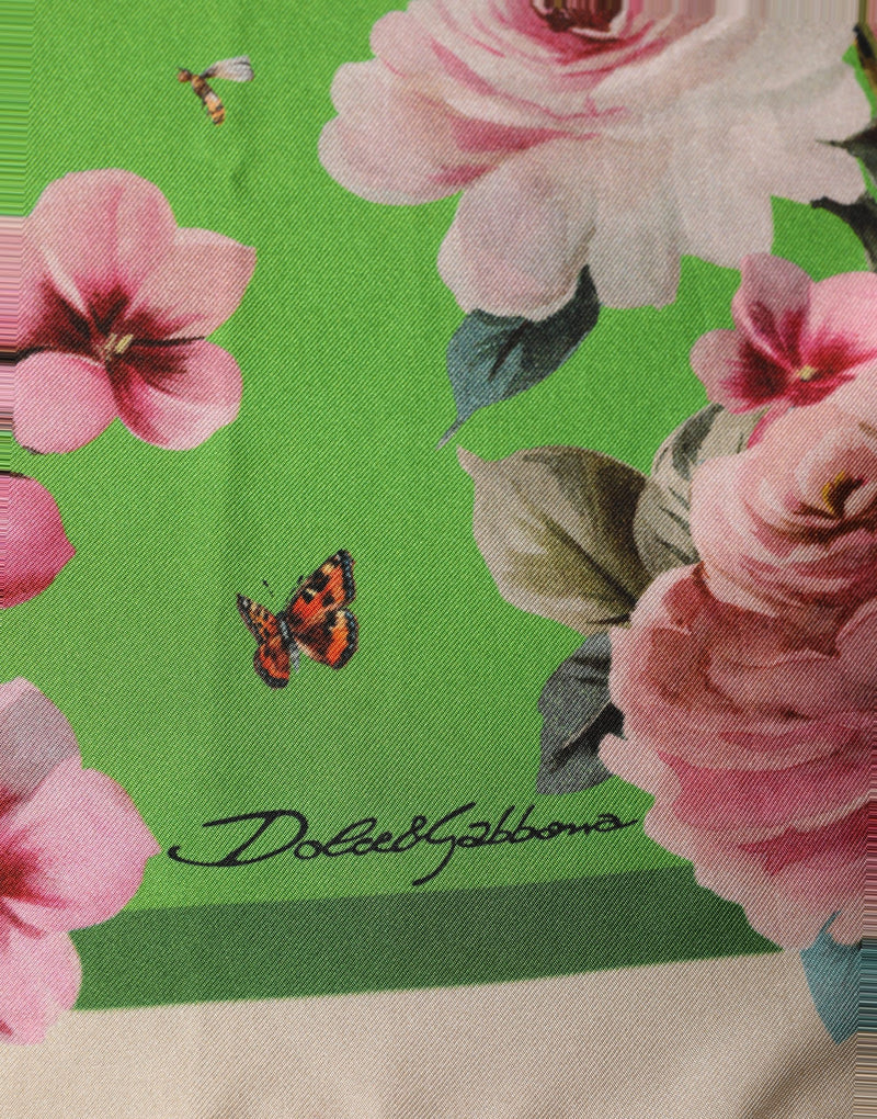Dolce & Gabbana Green Floral Print Silk Square Foulard Scarf