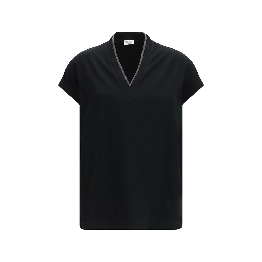 Brunello Cucinelli Black Cotton T-Shirt with Jewel Detail
