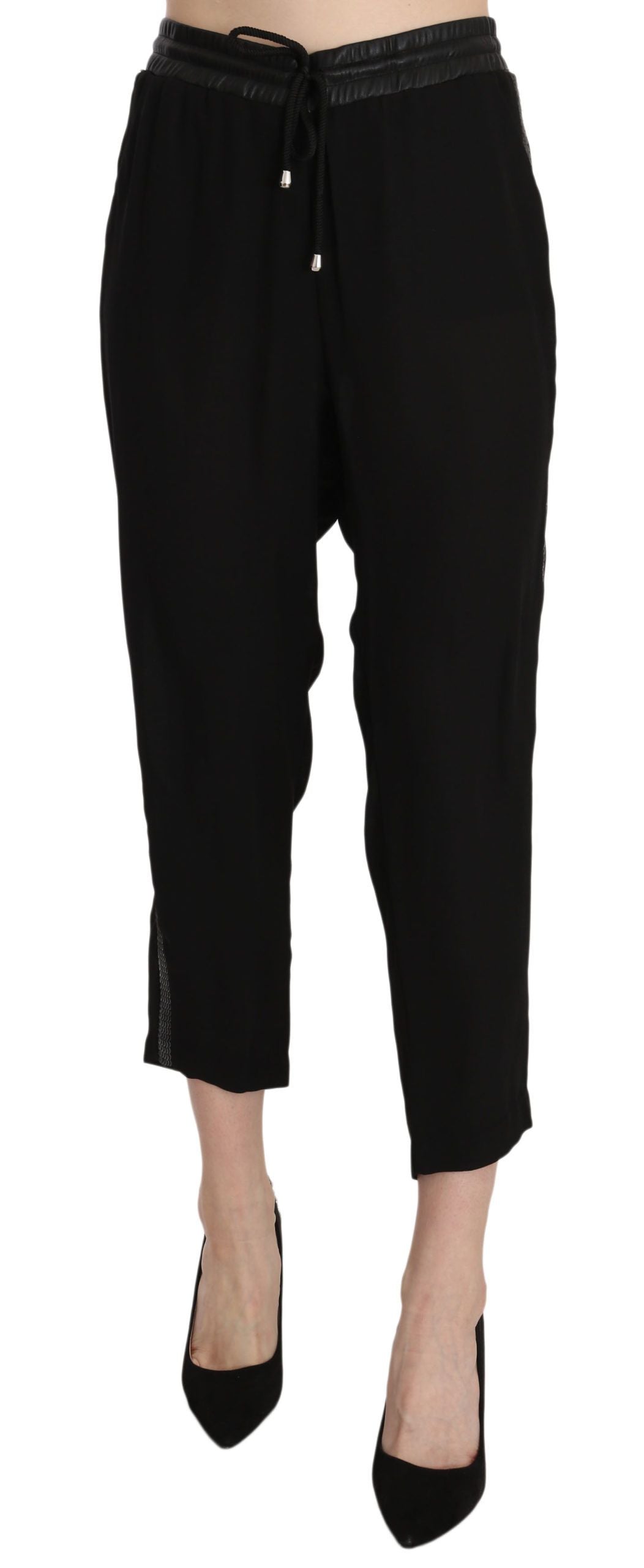 Pantalon Guess noir en polyester, taille haute, coupe courte.