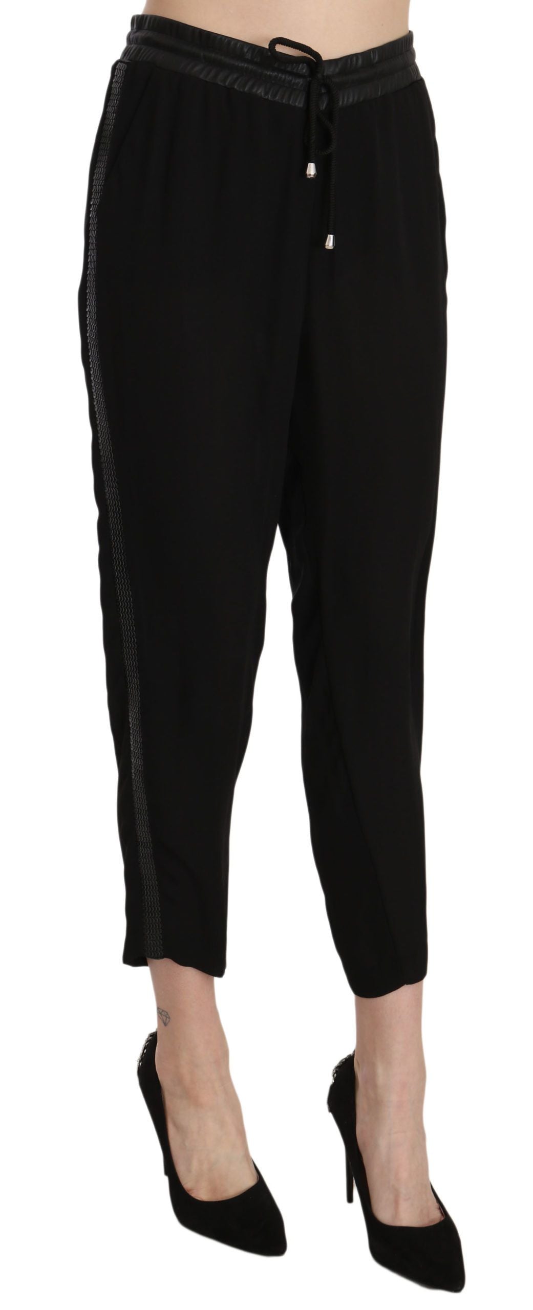 Pantalon Guess noir en polyester, taille haute, coupe courte.