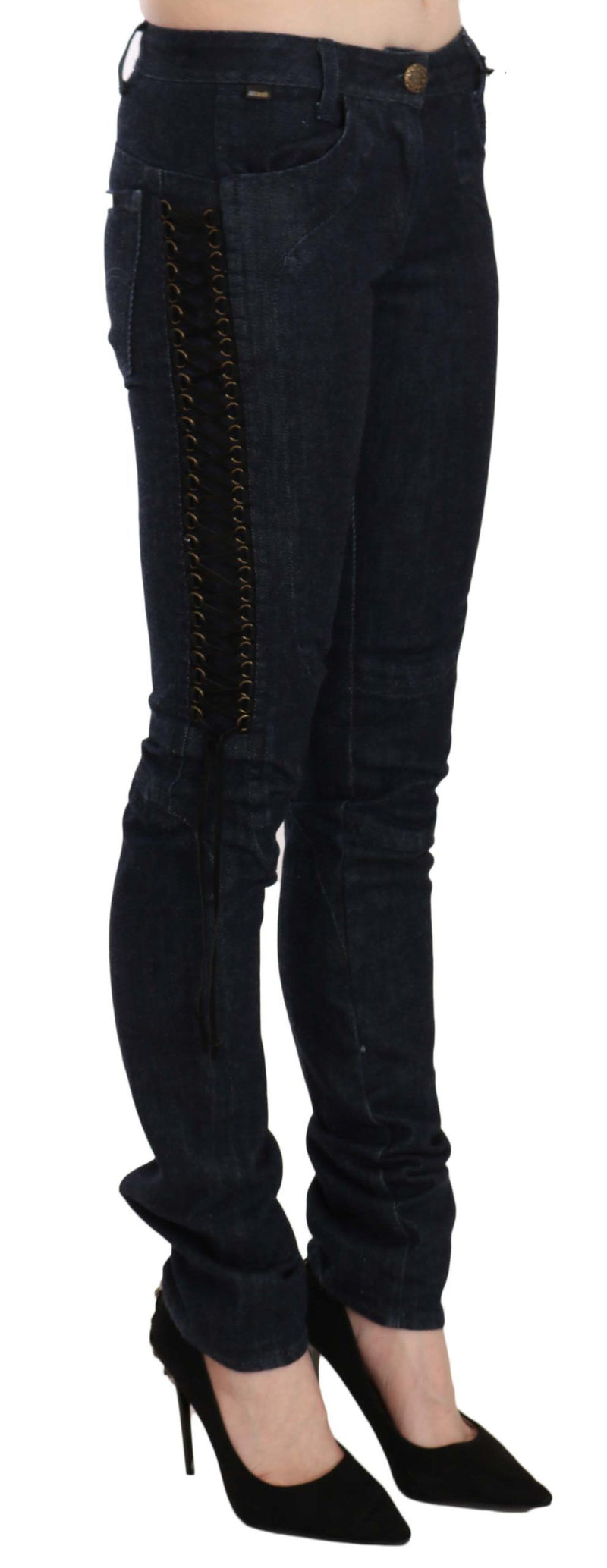 Pantalon skinny bleu taille basse Just Cavalli avec cordon tressé.