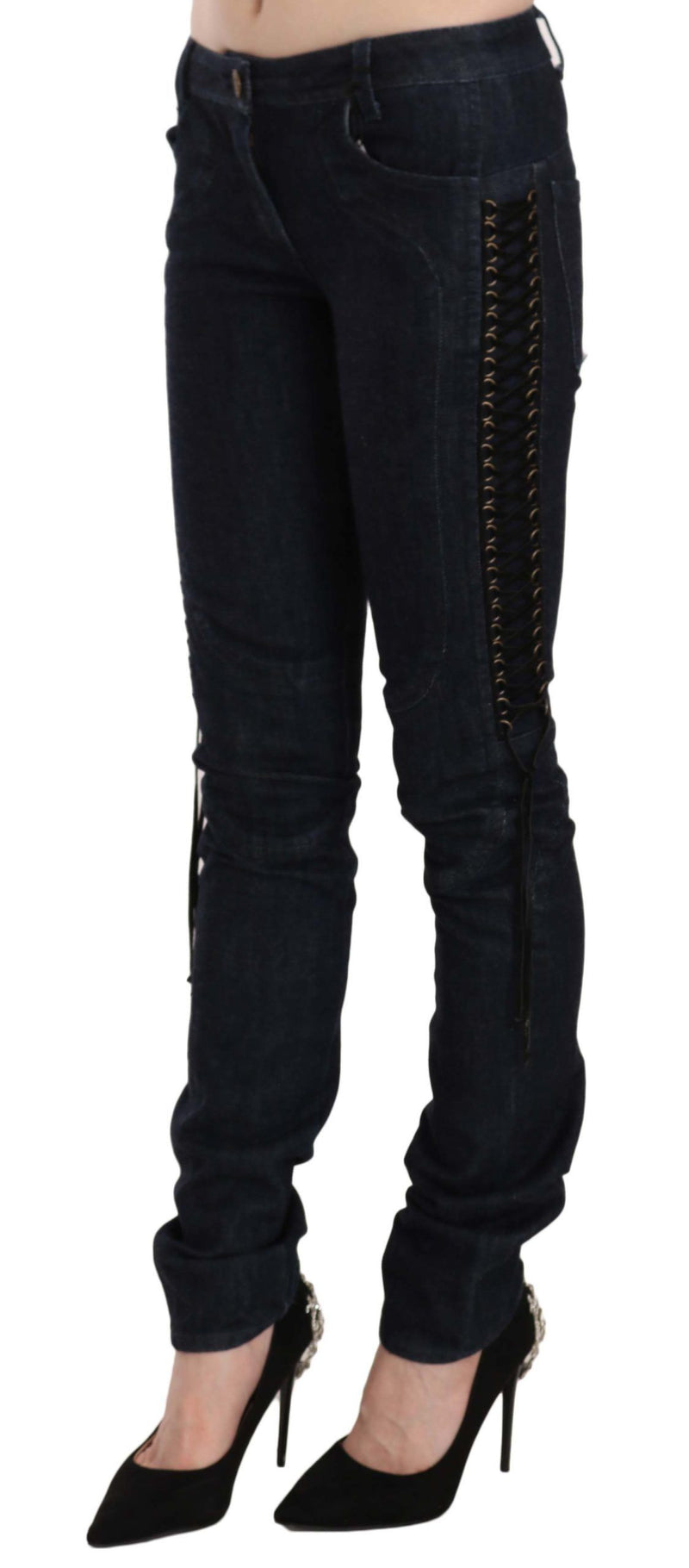 Pantalon skinny bleu taille basse Just Cavalli avec cordon tressé.