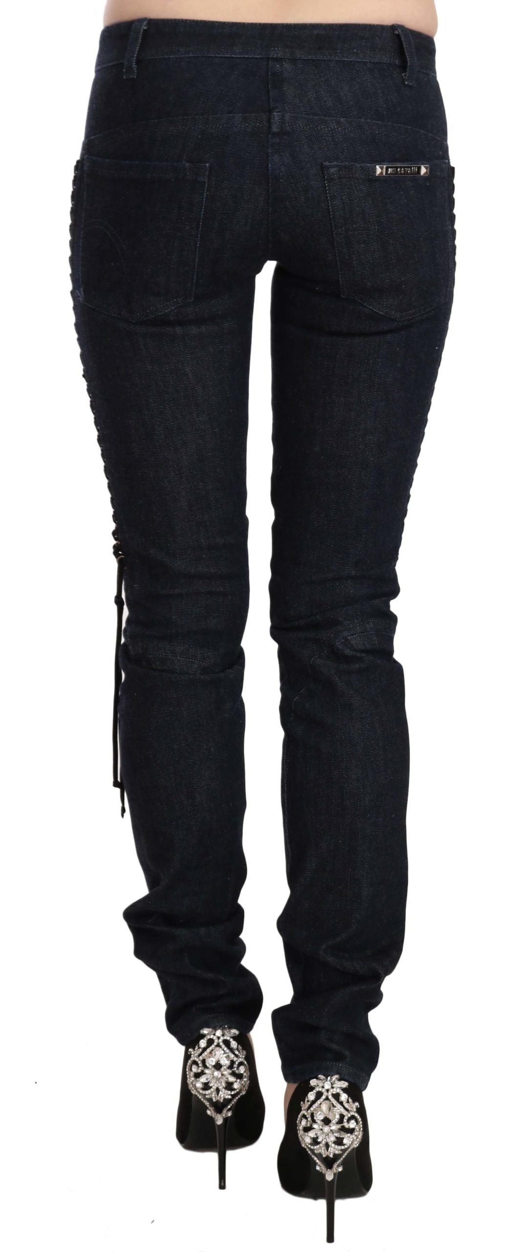 Pantalon skinny bleu taille basse Just Cavalli avec cordon tressé.
