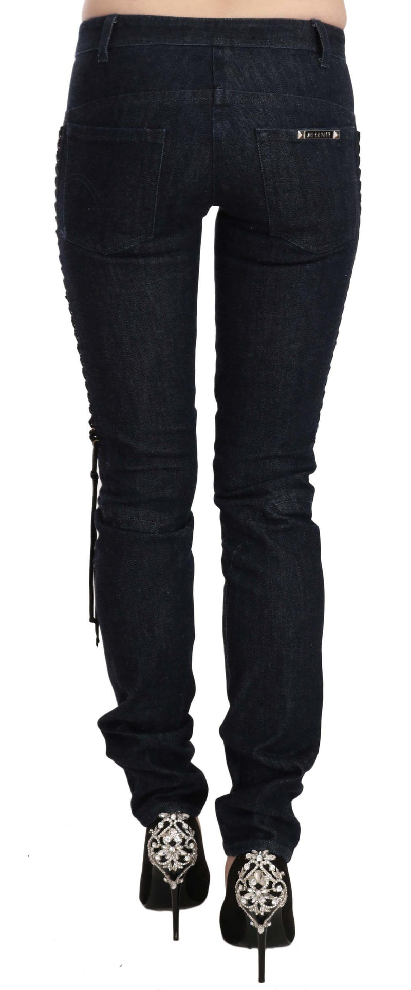 Pantalon skinny bleu taille basse Just Cavalli avec cordon tressé.