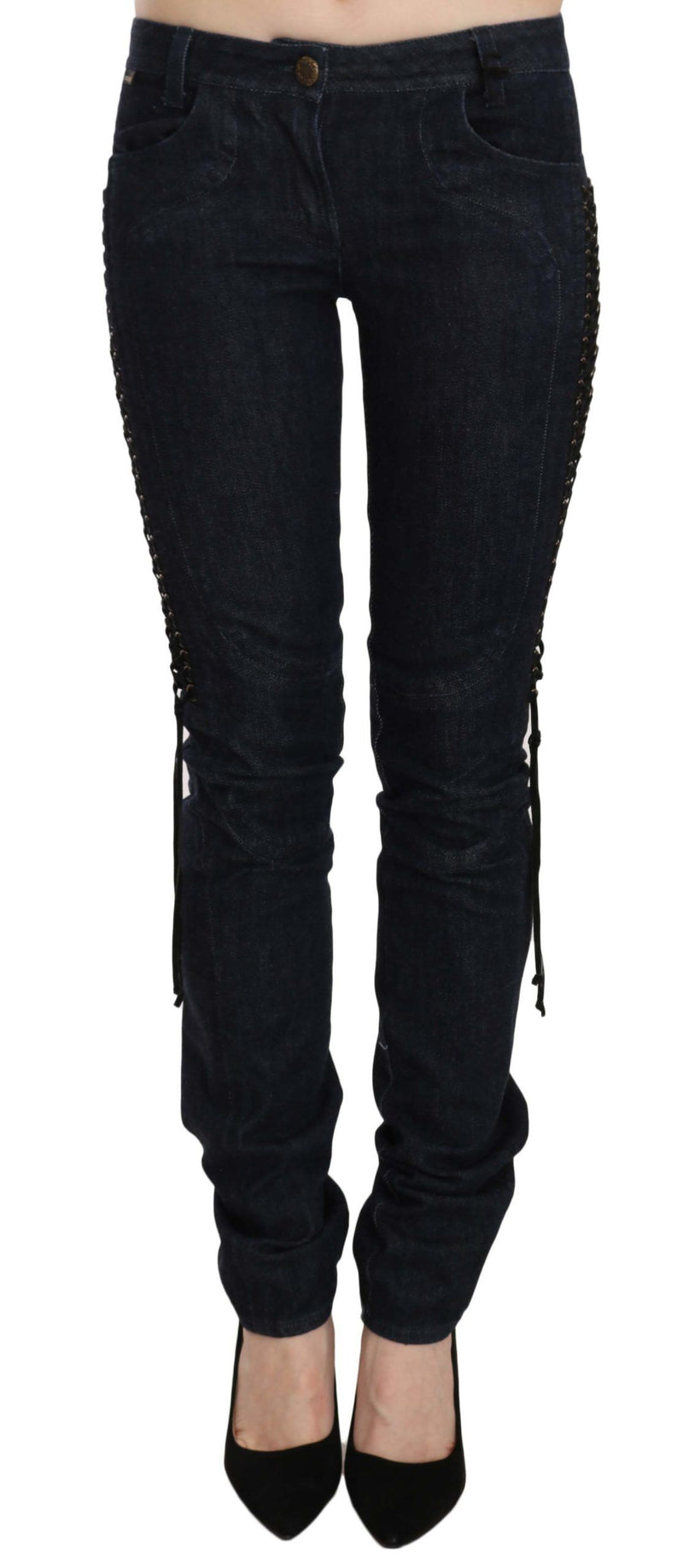 Pantalon skinny bleu taille basse Just Cavalli avec cordon tressé.