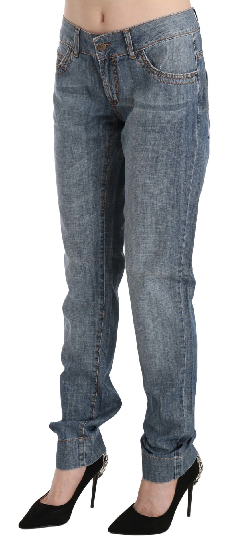 Pantalon en jean slim à taille basse en coton bleu délavé Just Cavalli