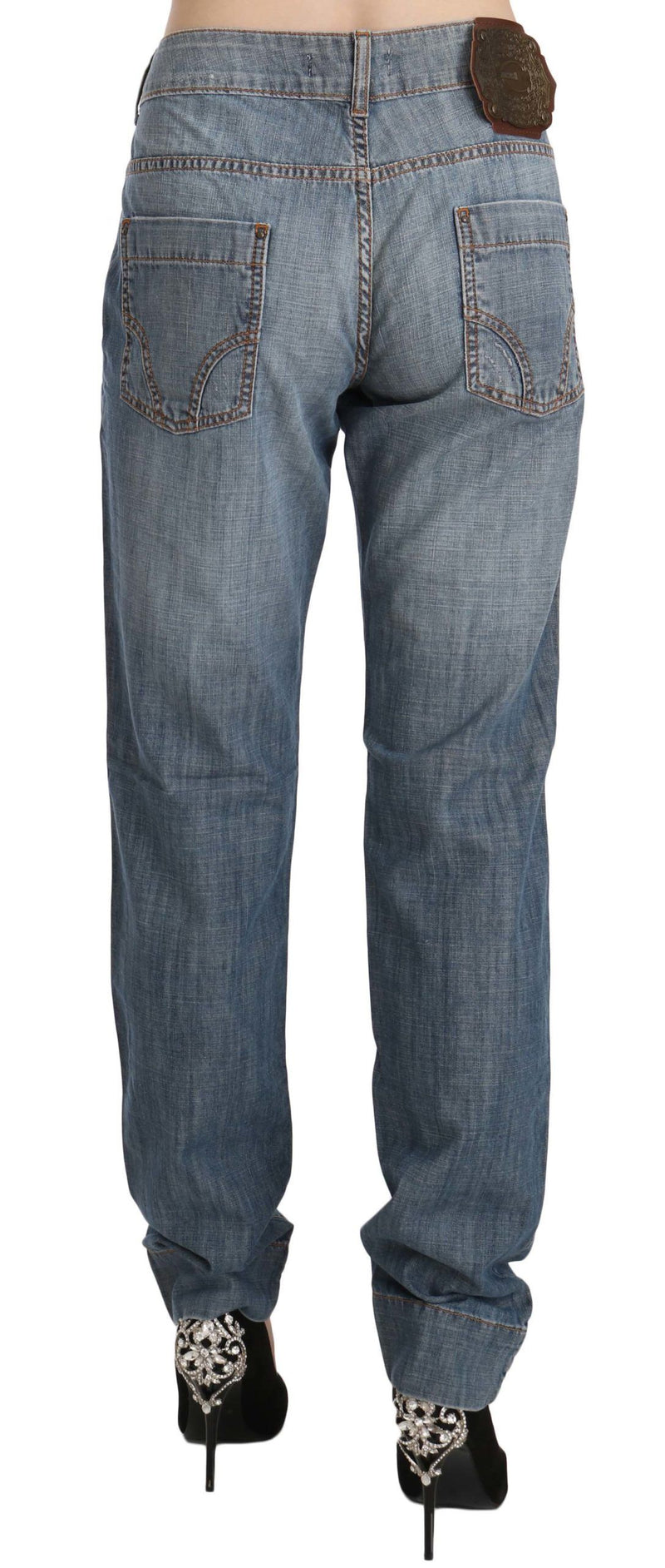Pantalon en jean slim à taille basse en coton bleu délavé Just Cavalli