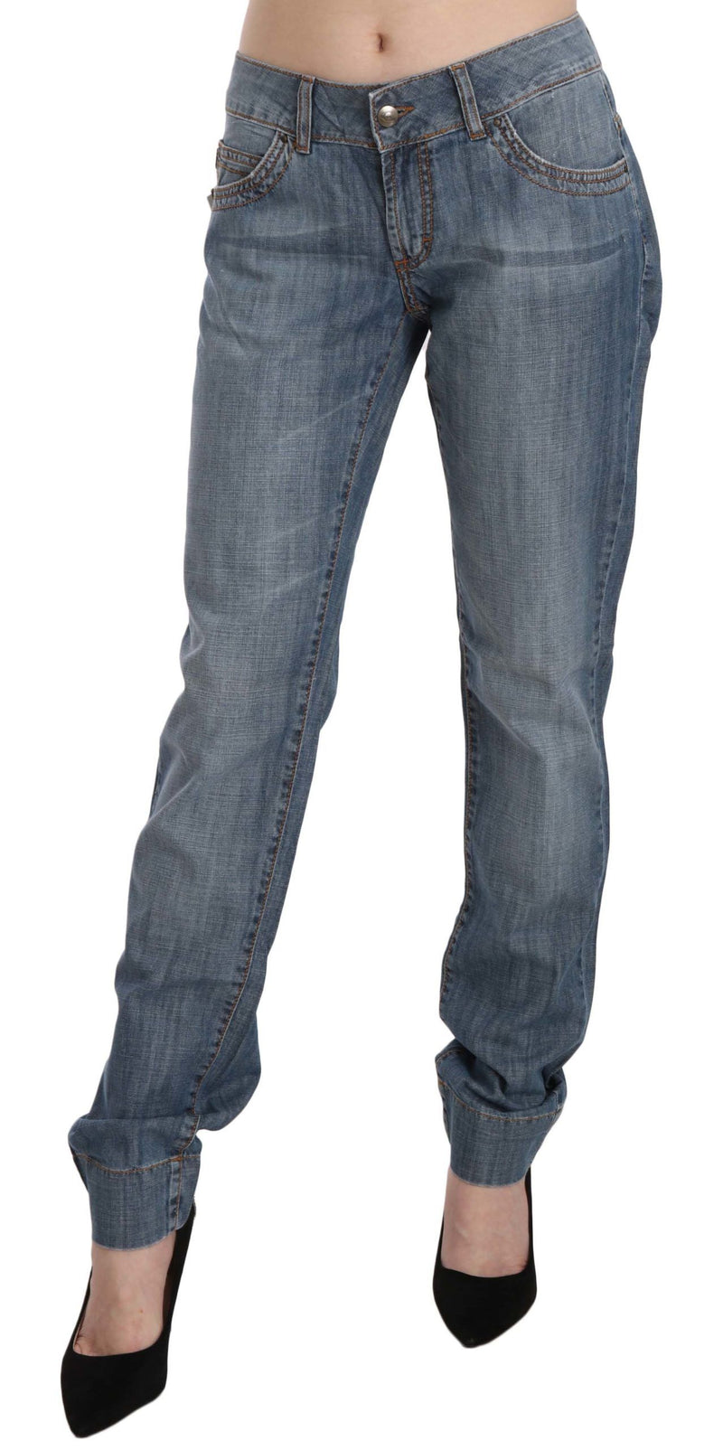 Pantalon en jean slim à taille basse en coton bleu délavé Just Cavalli