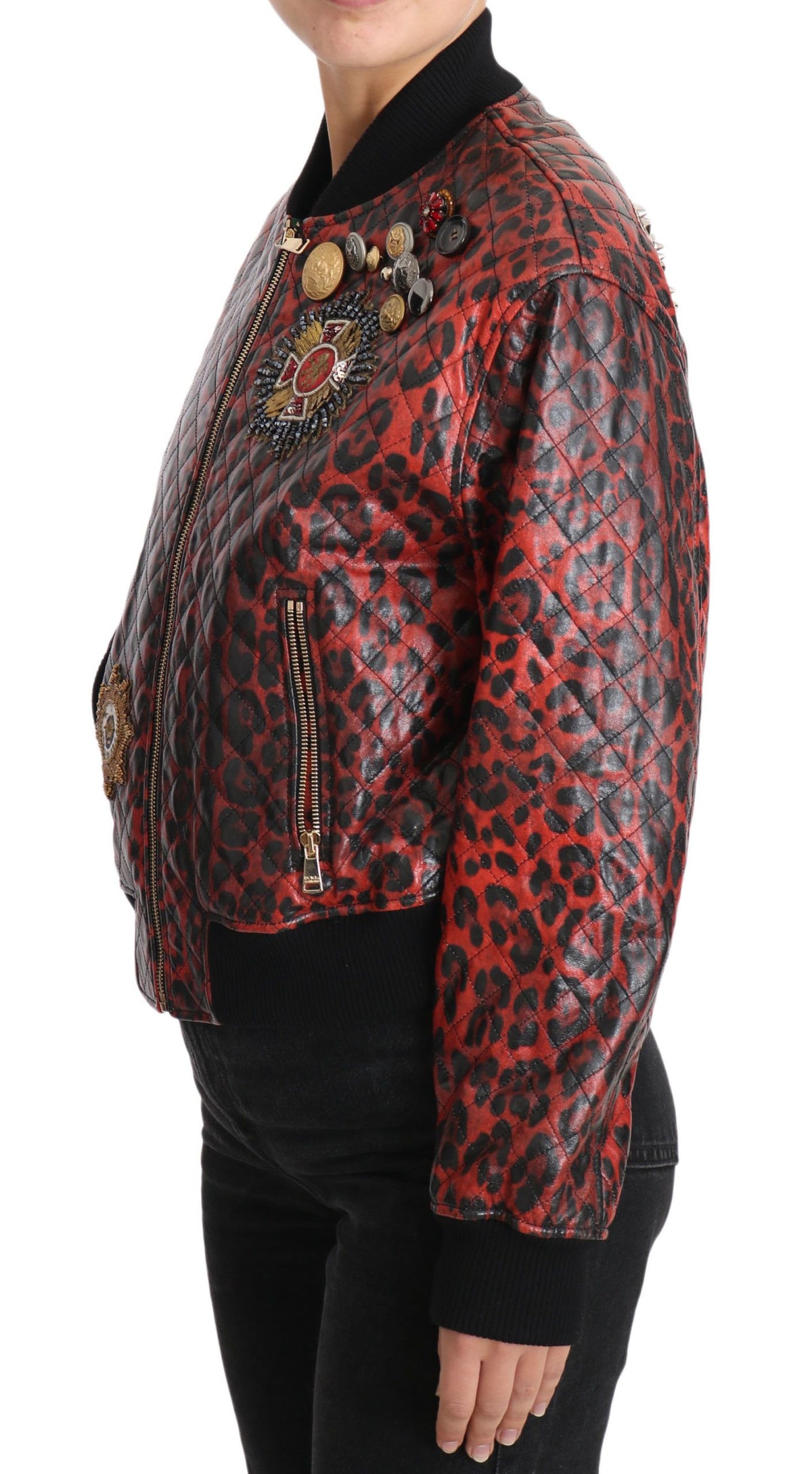 Veste en cuir rouge léopard à boutons et cristaux de Dolce &amp; Gabbana