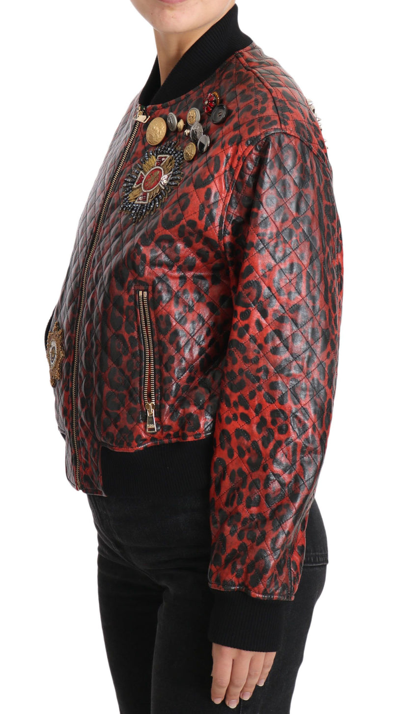 Veste en cuir rouge léopard à boutons et cristaux de Dolce &amp; Gabbana