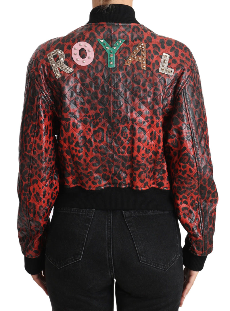Veste en cuir rouge léopard à boutons et cristaux de Dolce &amp; Gabbana