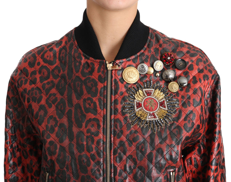 Veste en cuir rouge léopard à boutons et cristaux de Dolce &amp; Gabbana