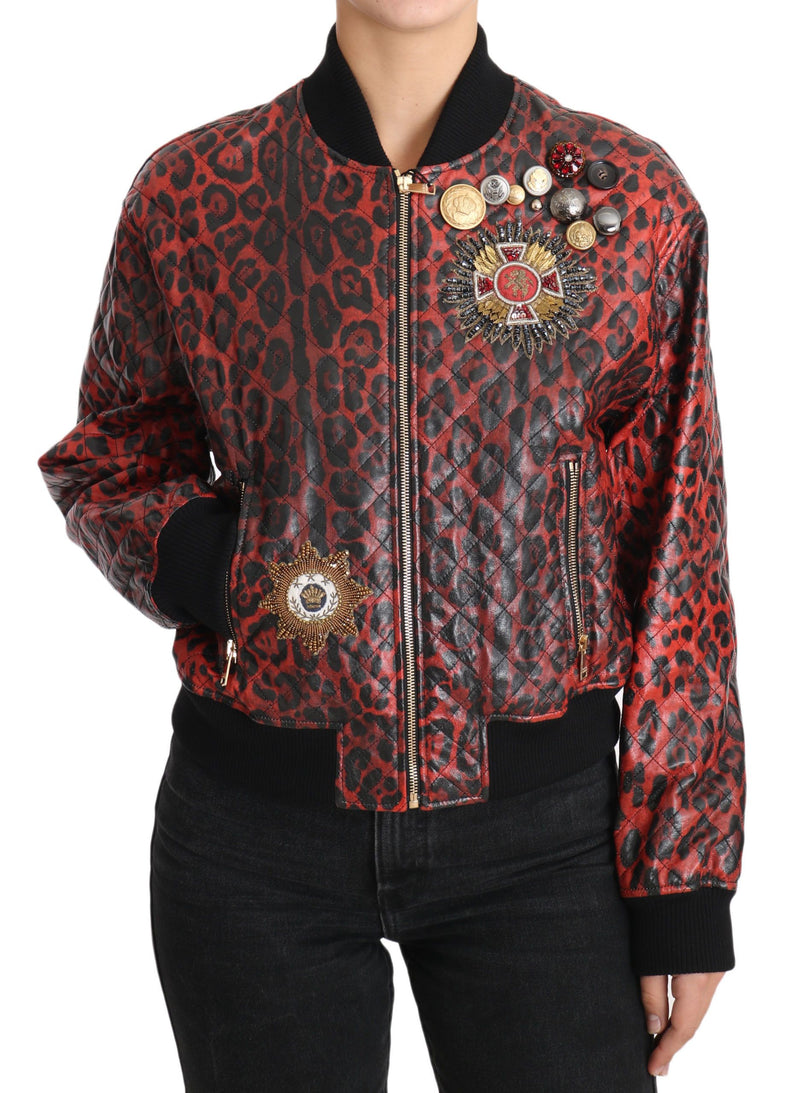 Veste en cuir rouge léopard à boutons et cristaux de Dolce &amp; Gabbana