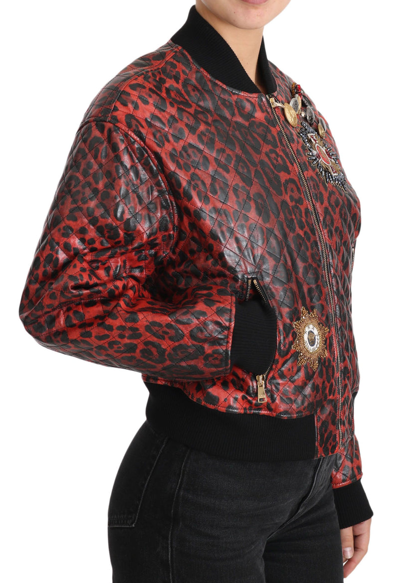 Veste en cuir rouge léopard à boutons et cristaux de Dolce &amp; Gabbana