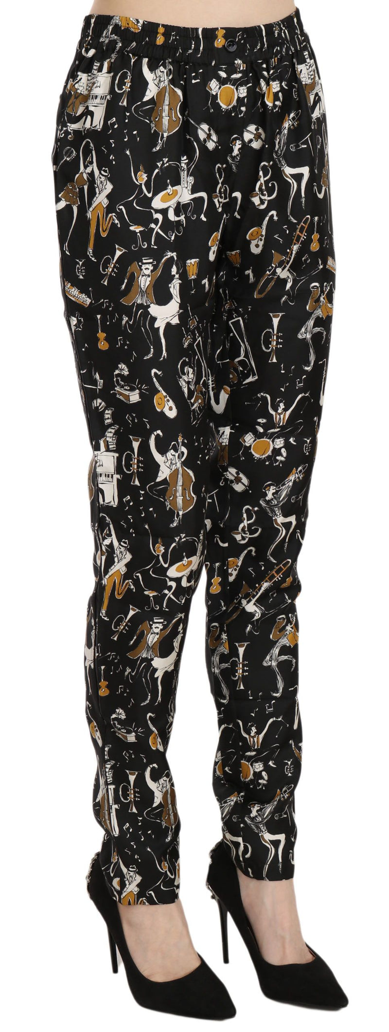 Pantalon fuselé à taille haute noir à imprimé Jazz Club de Dolce &amp; Gabbana