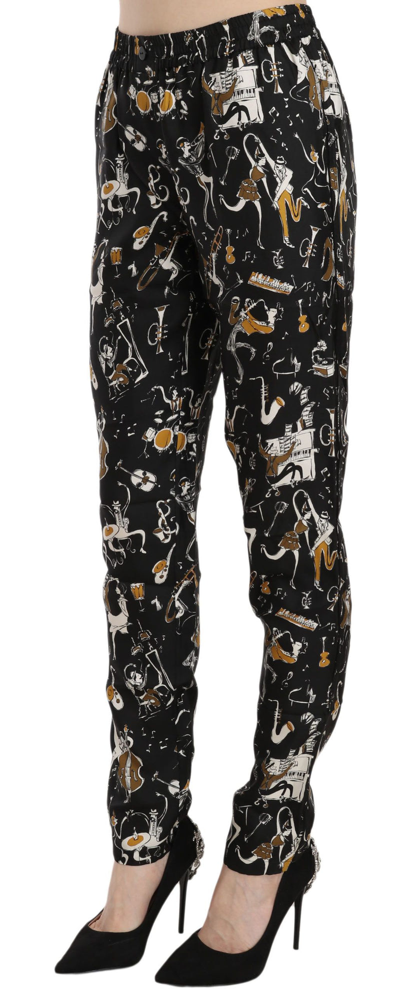 Pantalon fuselé à taille haute noir à imprimé Jazz Club de Dolce &amp; Gabbana