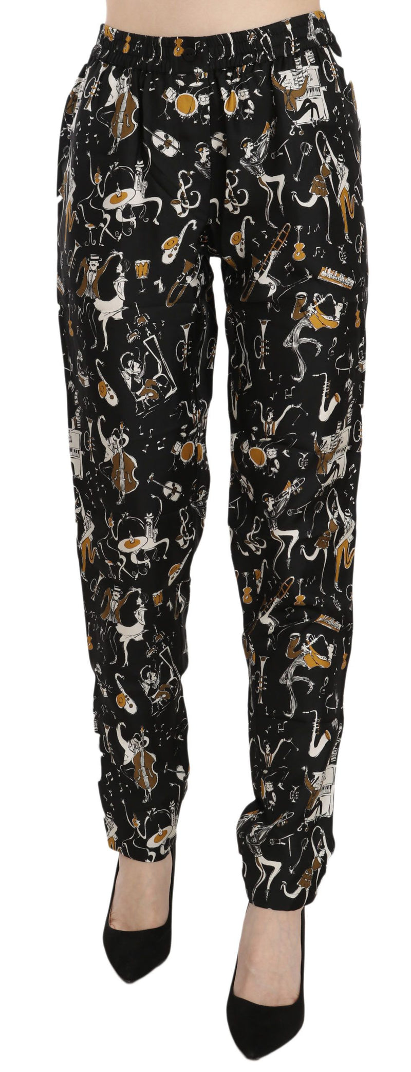 Pantalon fuselé à taille haute noir à imprimé Jazz Club de Dolce &amp; Gabbana
