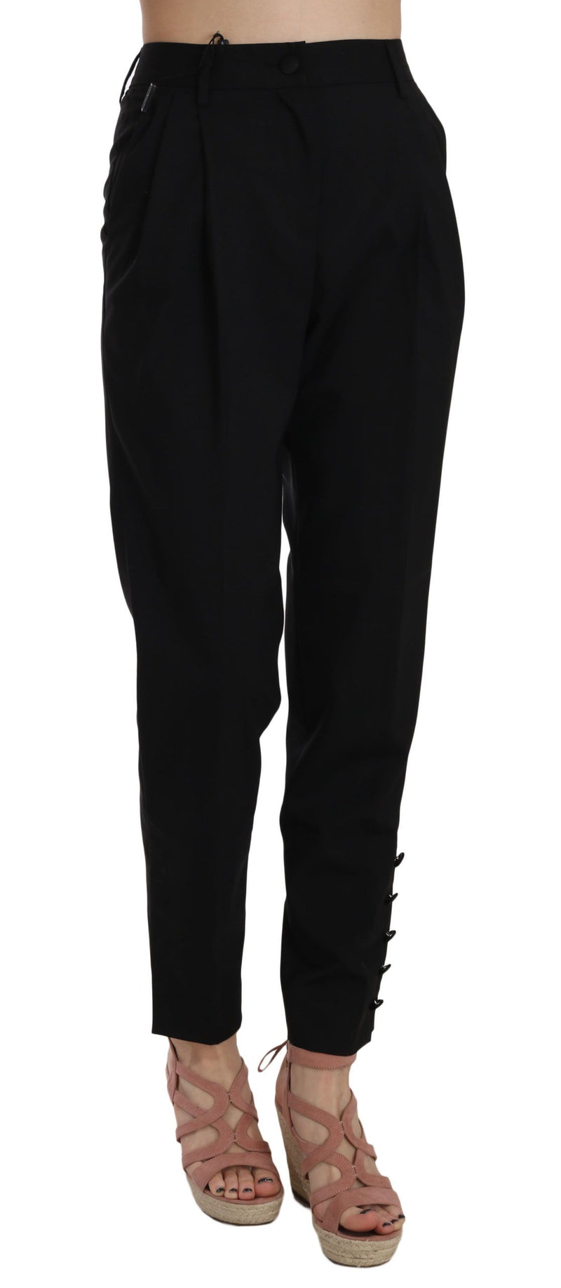Pantalon taille haute à plis et boutonnage, noir, Dolce &amp; Gabbana