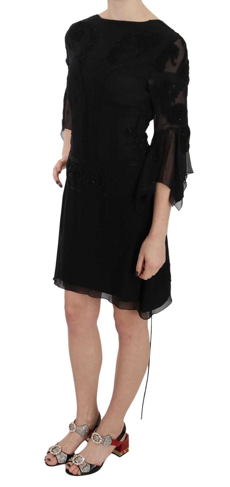 Robe mini-fourreau en soie noire brodée de paillettes de John Richmond