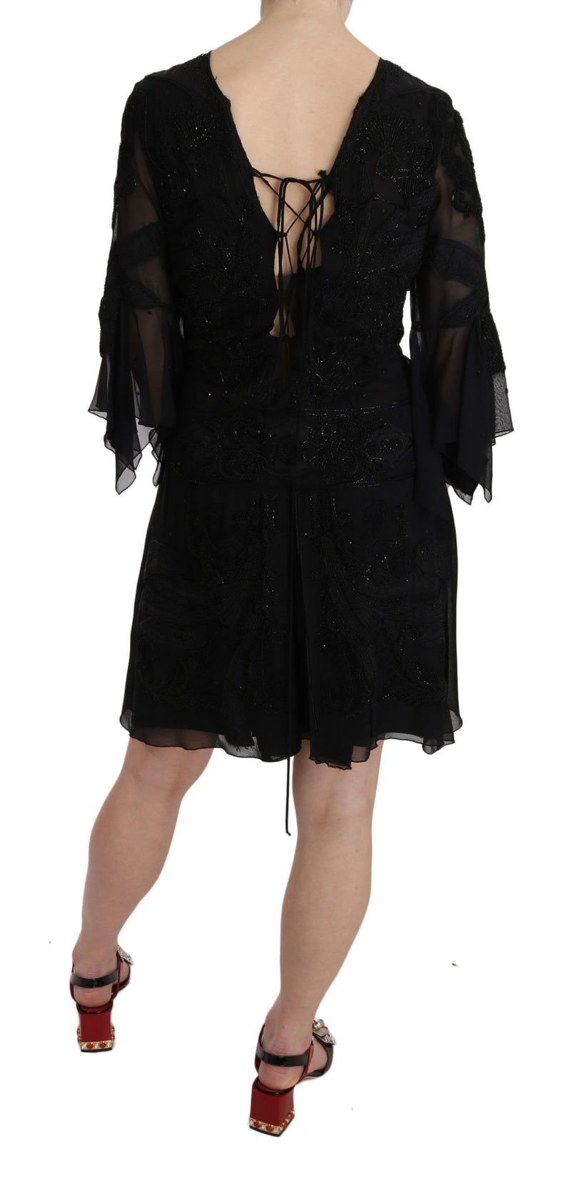 Robe mini-fourreau en soie noire brodée de paillettes de John Richmond