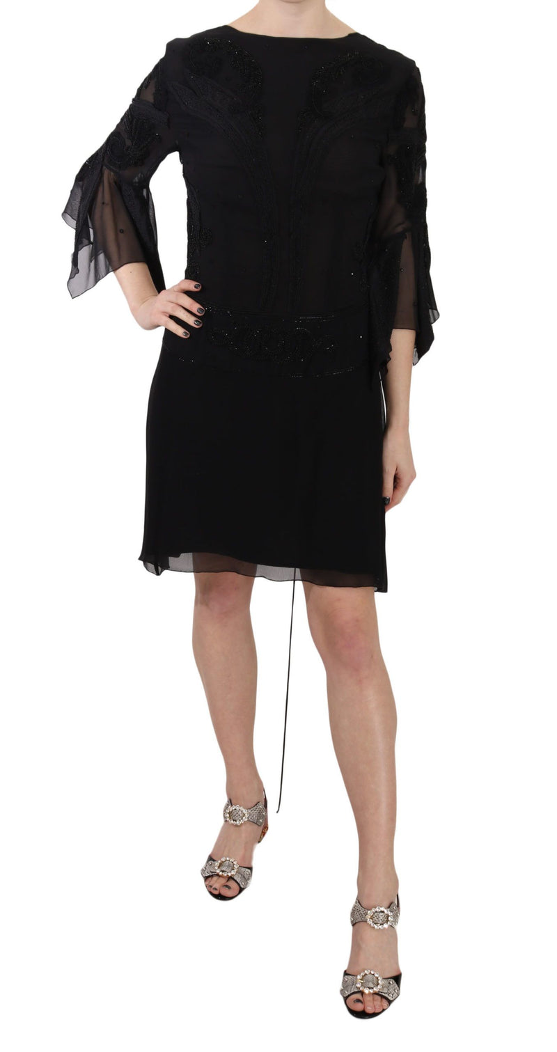 Robe mini-fourreau en soie noire brodée de paillettes de John Richmond
