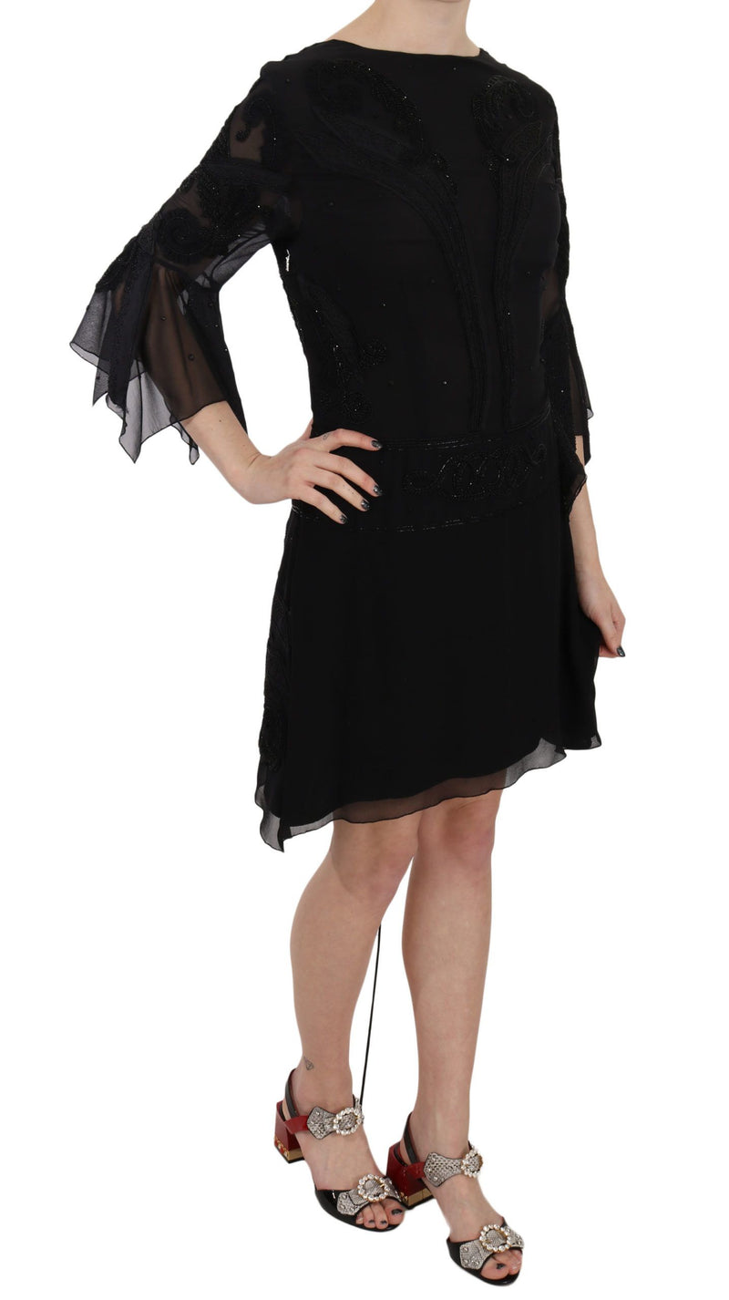 Robe mini-fourreau en soie noire brodée de paillettes de John Richmond
