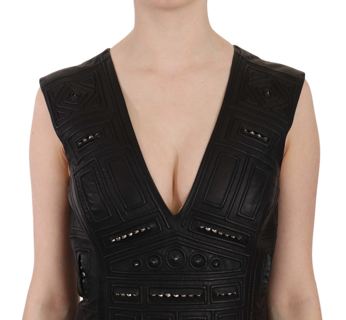 Robe mini trapèze en cuir noir à clous de John Richmond