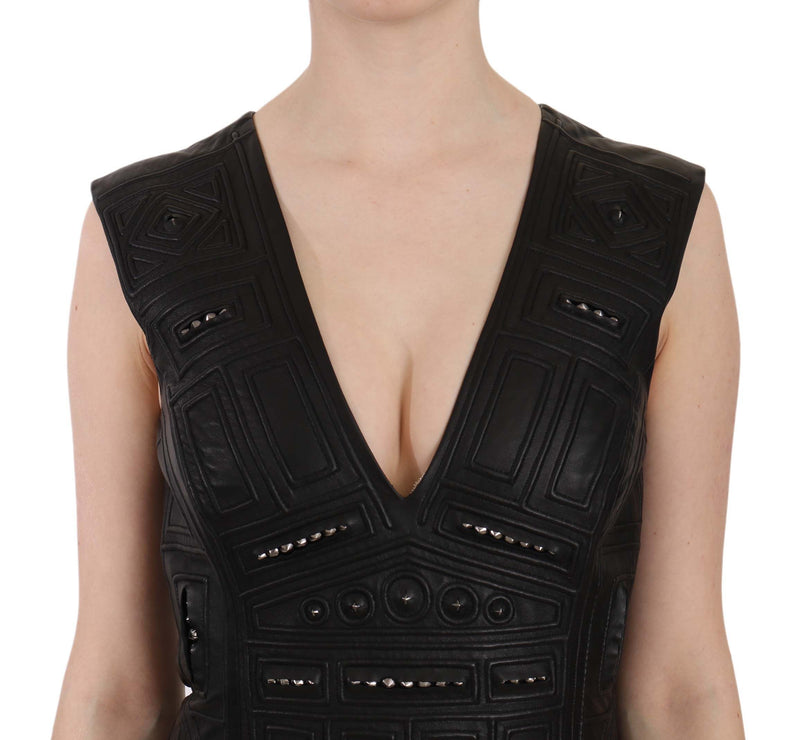 Robe mini trapèze en cuir noir à clous de John Richmond