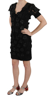 Robe fourreau John Richmond en soie noire et cuir avec fleurs.