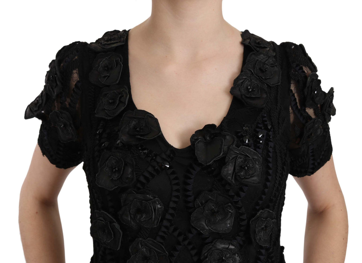 Robe fourreau John Richmond en soie noire et cuir avec fleurs.