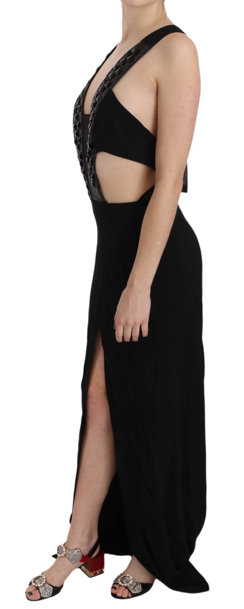 Robe trapèze en cuir noir à cristaux de John Richmond