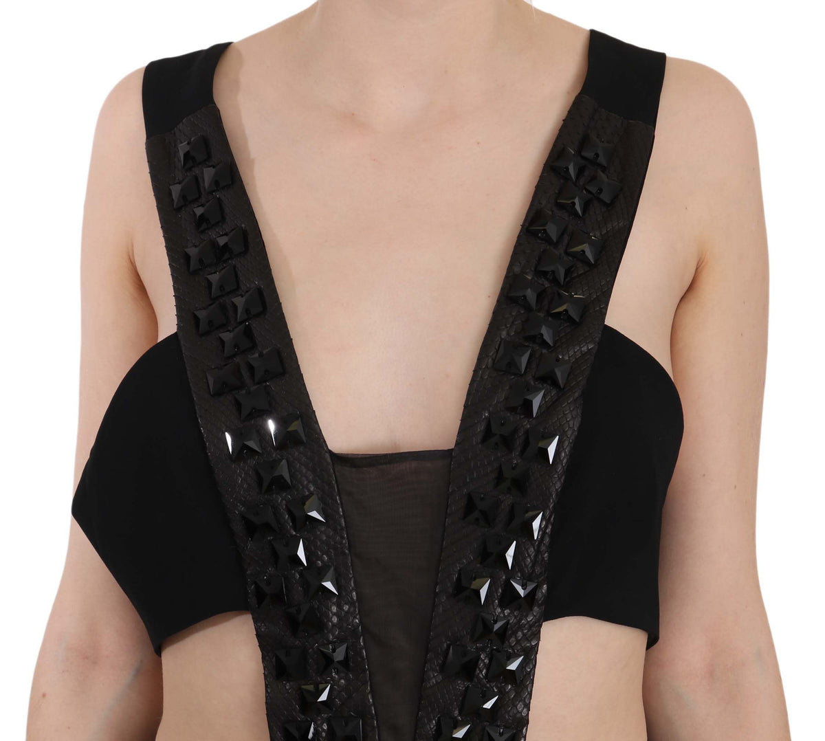 Robe trapèze en cuir noir à cristaux de John Richmond